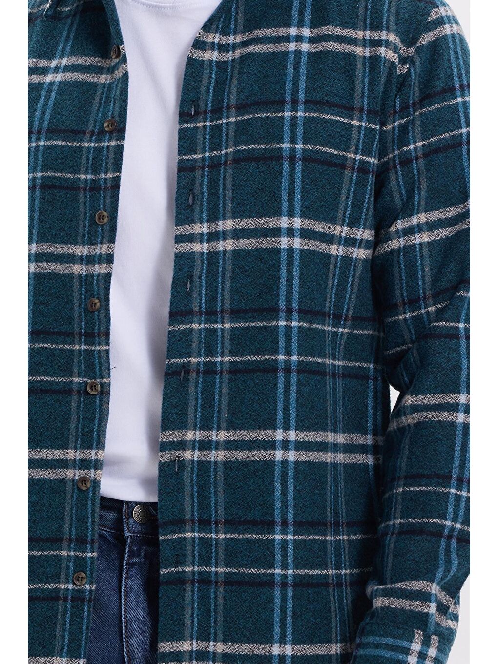 Yeşil Erkek Slim Fit Dar Kesim Kareli Kışlık Oduncu Gömlek-2