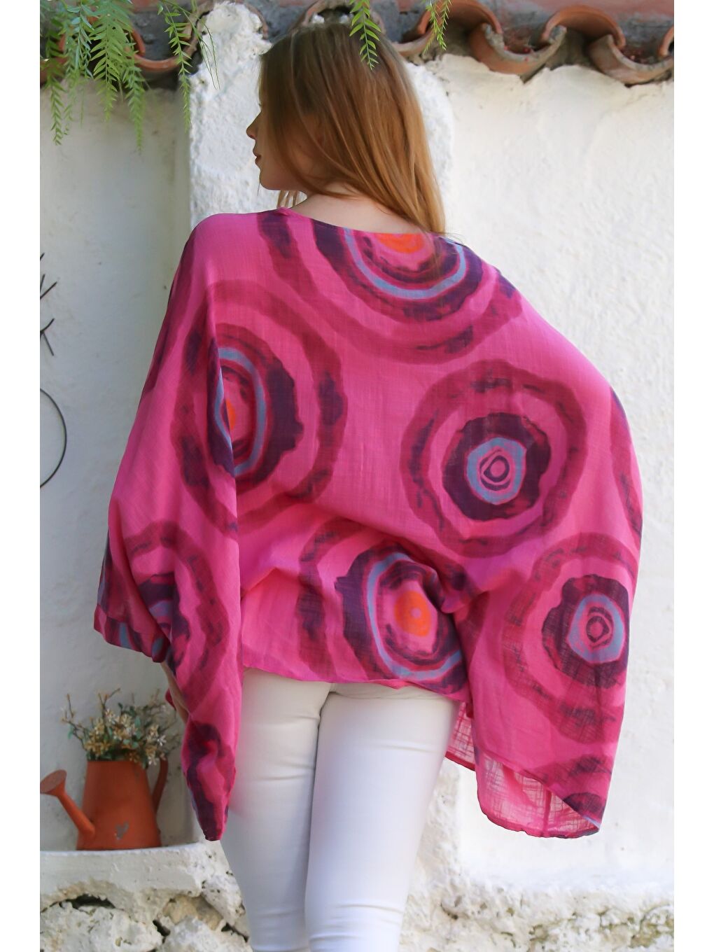 İtalyan Fuşya Havuz Yaka Yarasa Kol Geometrik Desenli Keten Oversize Dokuma Tunik 80 120-1