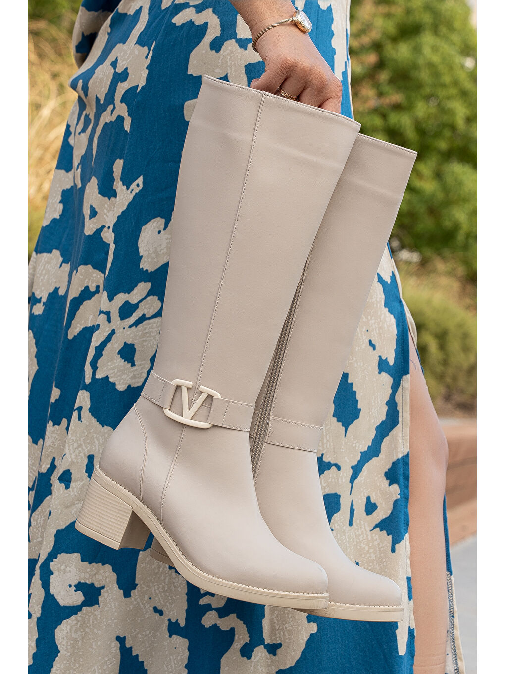 Bej Delmar Kadın Tokalı Soğuk Geçirmez Çizme-2