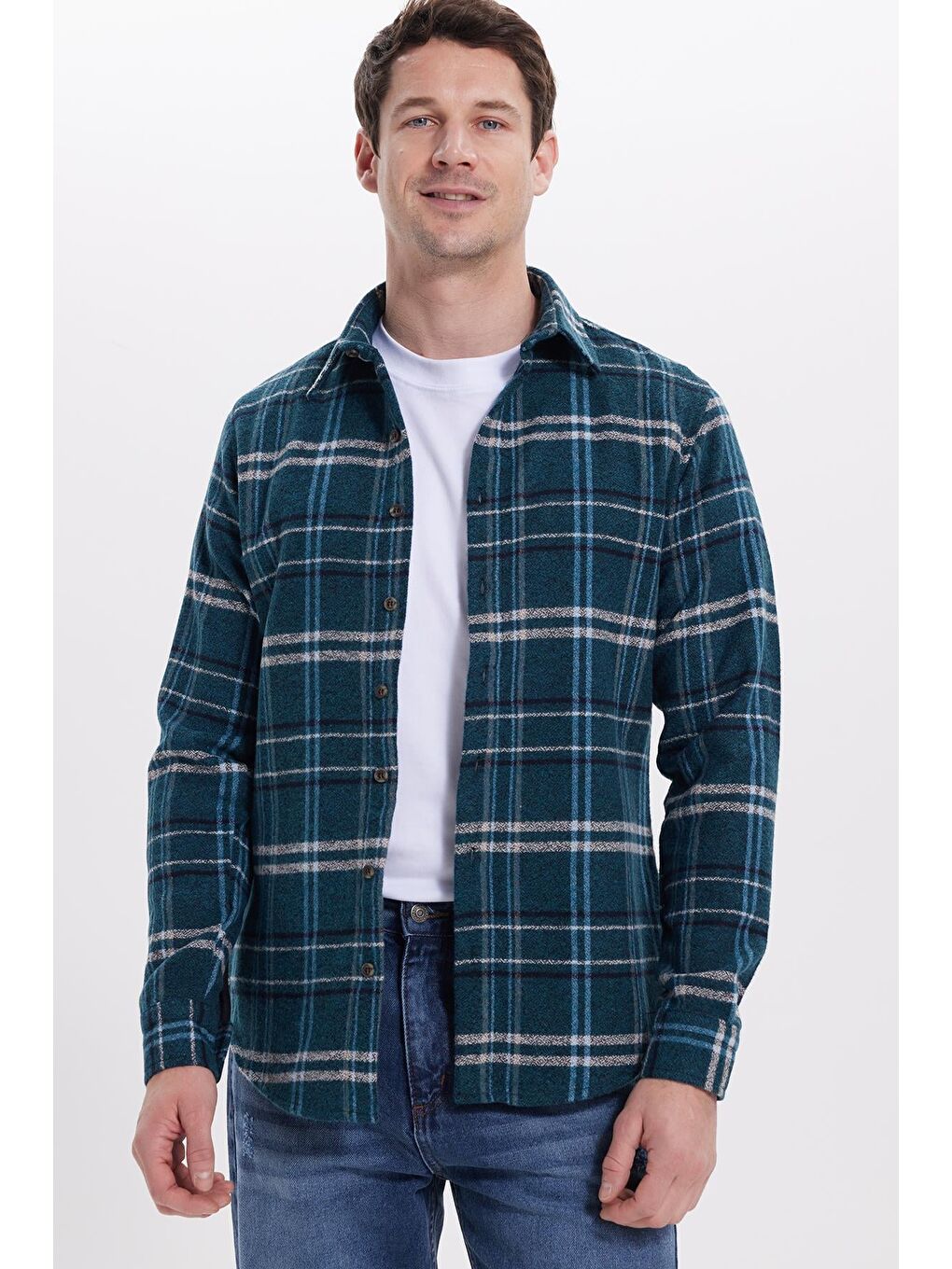 Yeşil Erkek Slim Fit Dar Kesim Kareli Kışlık Oduncu Gömlek-5