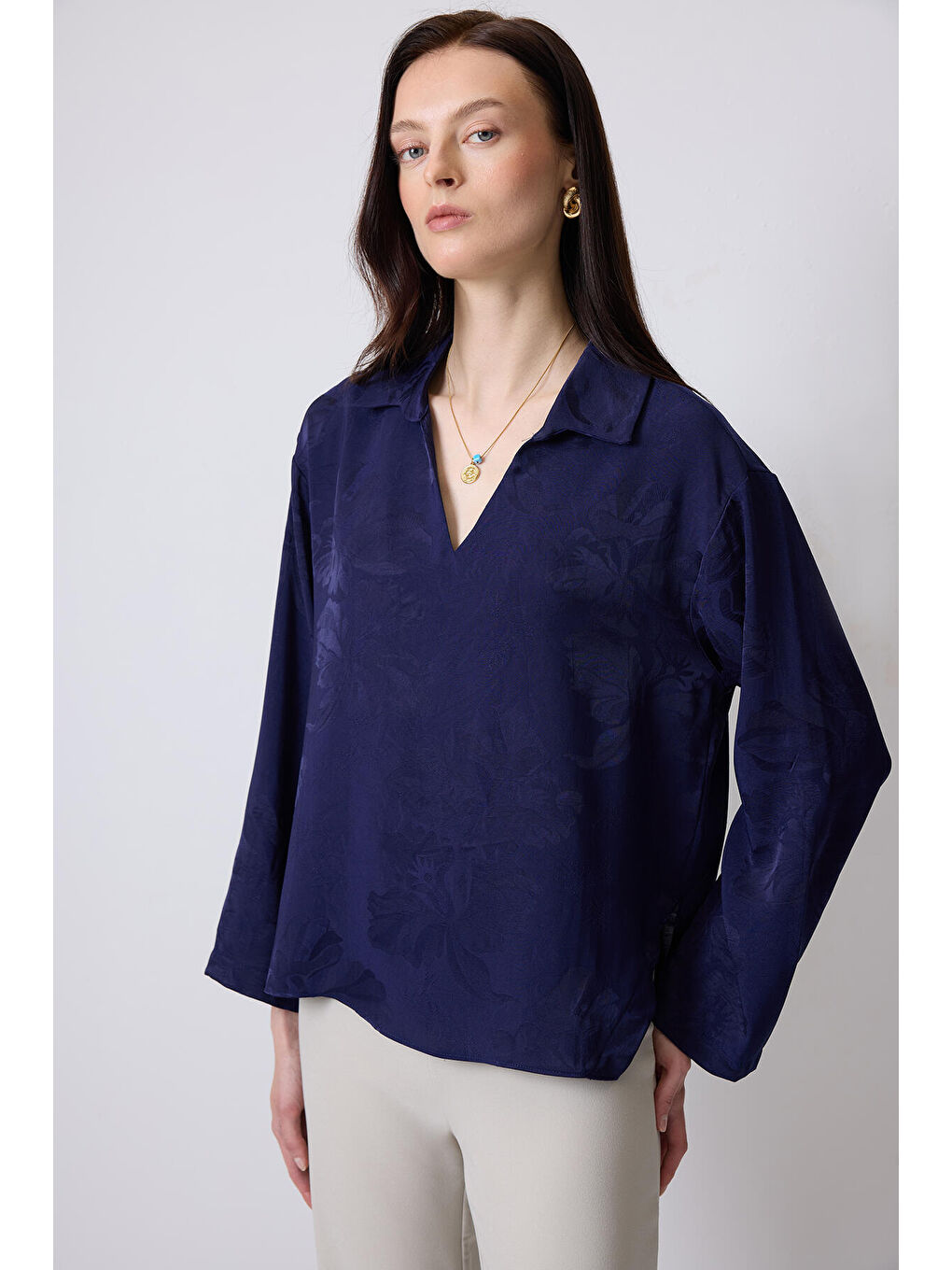 Lacivert Jakarlı Saten Bluz-1