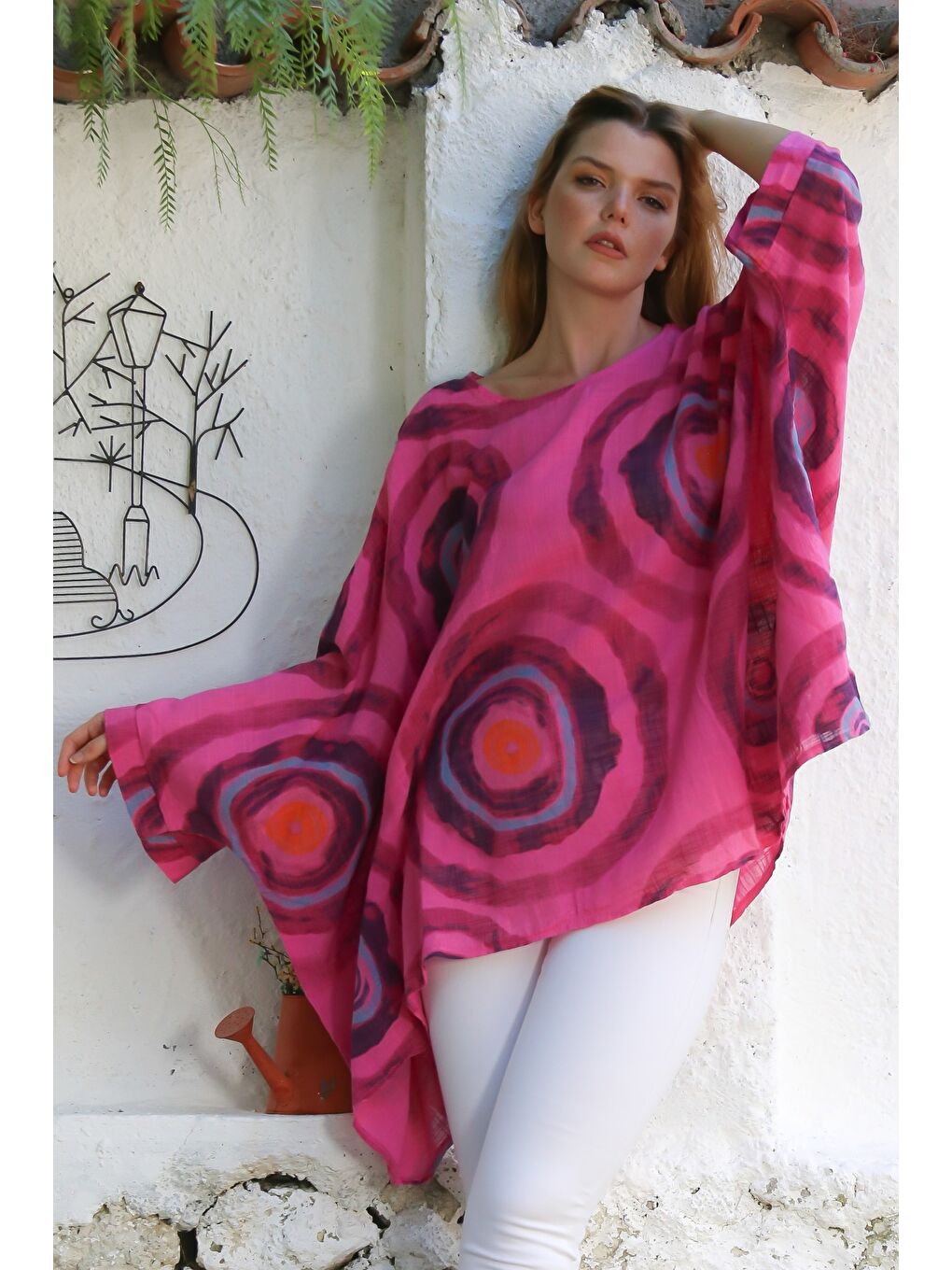 İtalyan Fuşya Havuz Yaka Yarasa Kol Geometrik Desenli Keten Oversize Dokuma Tunik 80 120-2