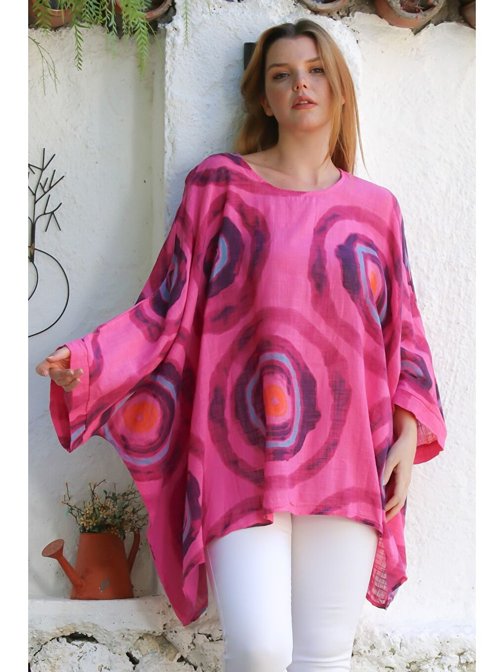 İtalyan Fuşya Havuz Yaka Yarasa Kol Geometrik Desenli Keten Oversize Dokuma Tunik 80 120-3