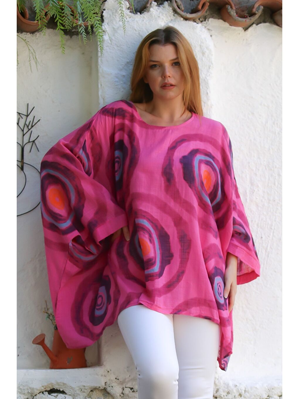 İtalyan Fuşya Havuz Yaka Yarasa Kol Geometrik Desenli Keten Oversize Dokuma Tunik 80 120-4