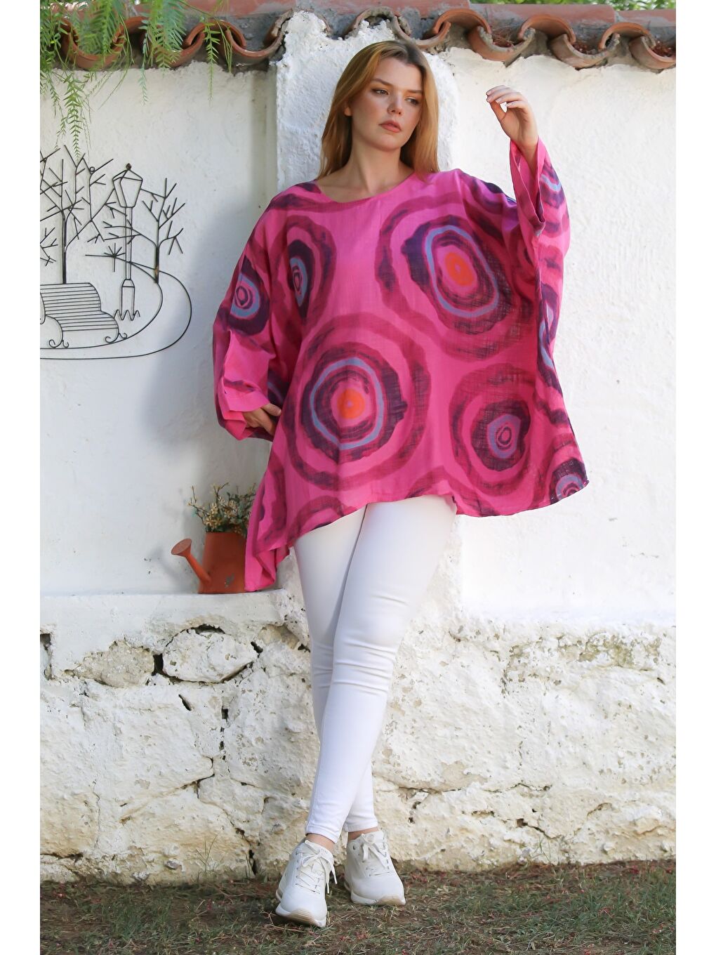 İtalyan Fuşya Havuz Yaka Yarasa Kol Geometrik Desenli Keten Oversize Dokuma Tunik 80 120-5