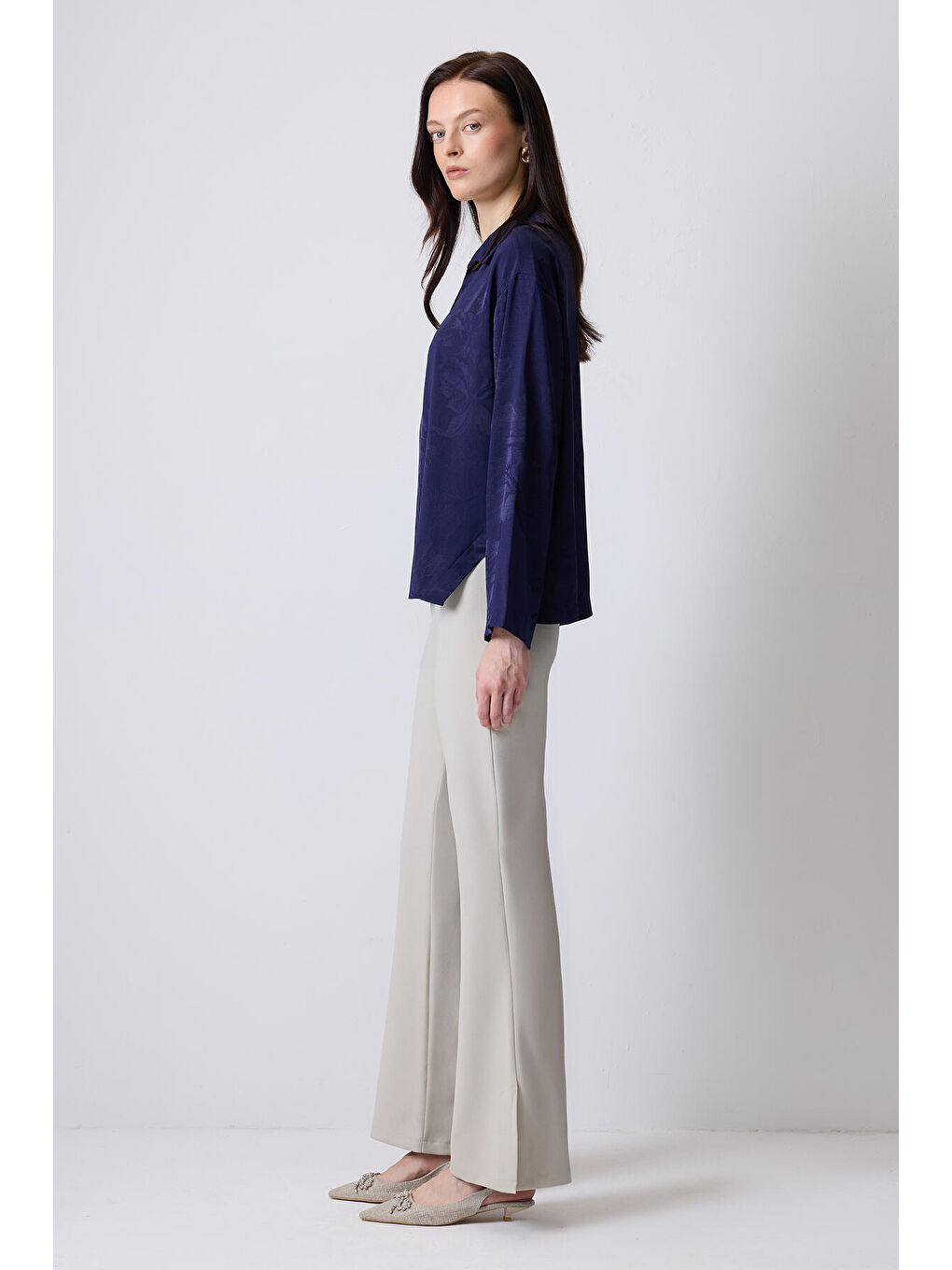 Lacivert Jakarlı Saten Bluz-2