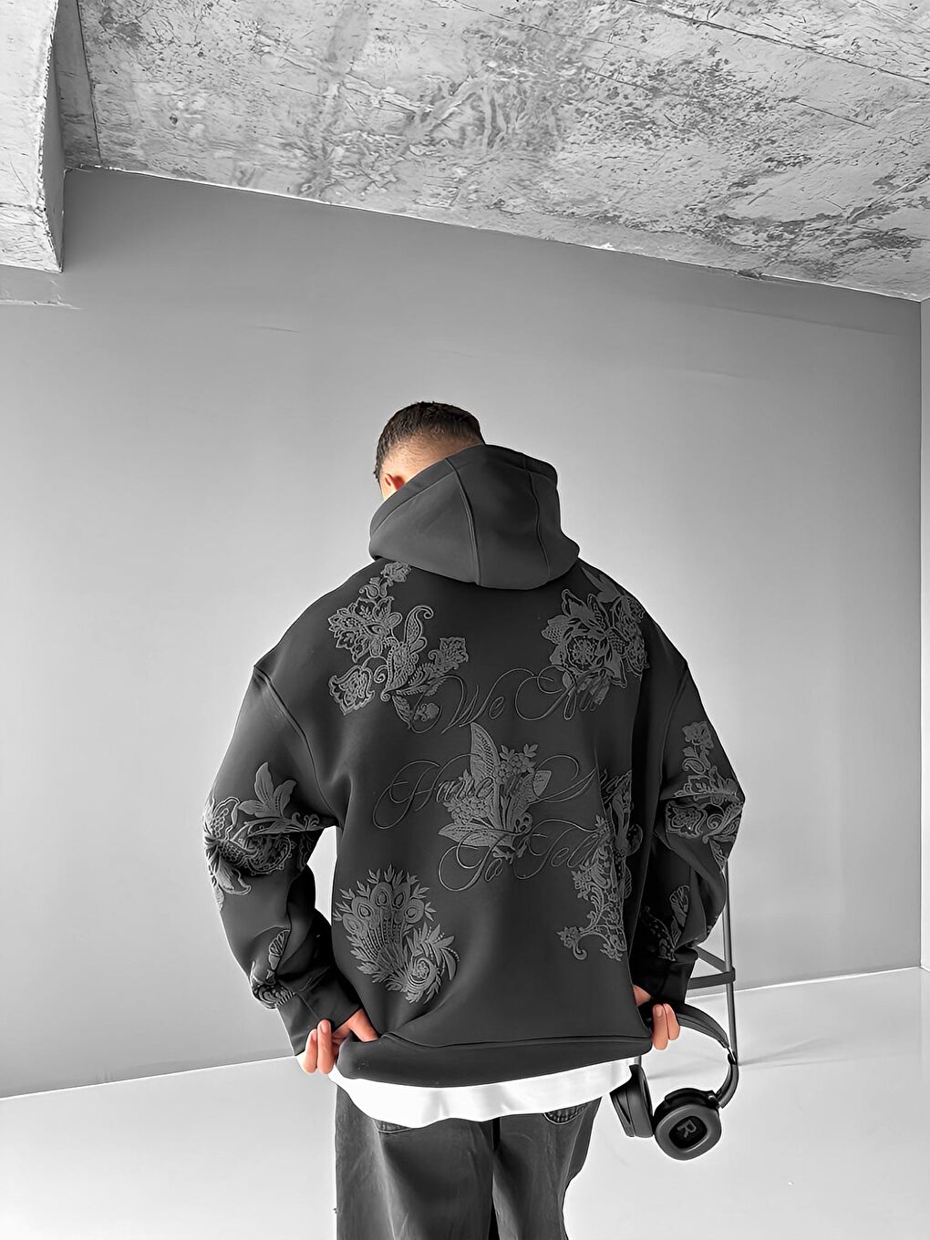 ablukaonline Erkek Oversize Kabartma Desen Baskılı Hoodie Siyah - 1