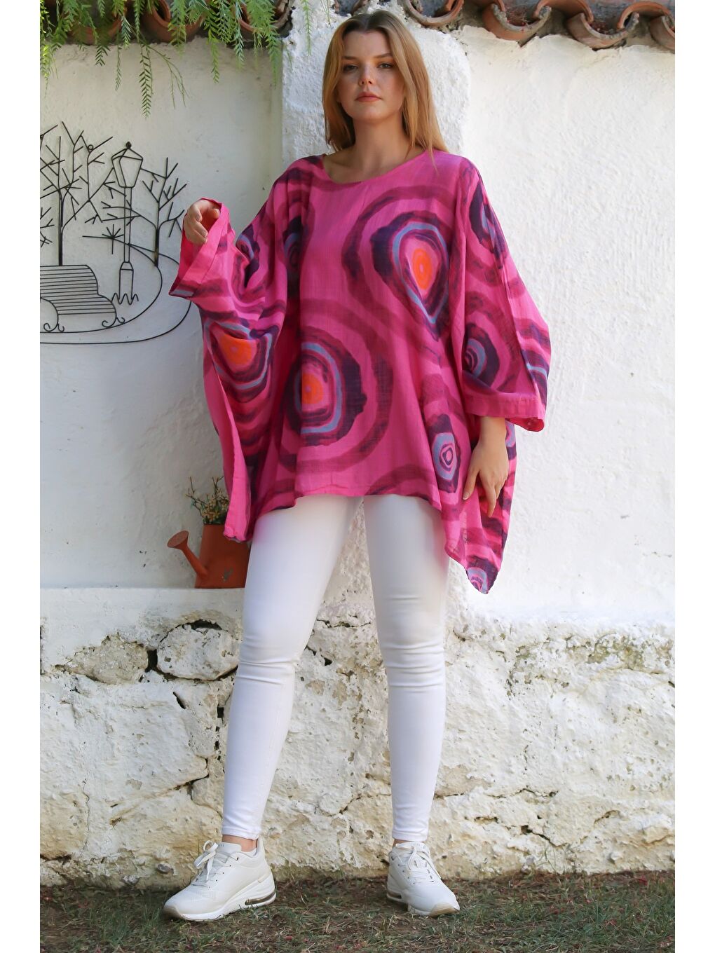 İtalyan Fuşya Havuz Yaka Yarasa Kol Geometrik Desenli Keten Oversize Dokuma Tunik 80 120-6