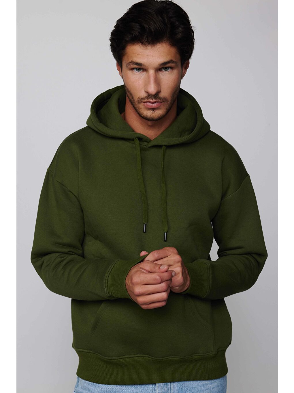 Unisex Oversize Geniş Kesim Pamuklu Yumuşak Dokulu İçi Polarlı Basic Yeşil Kapüşonlu Sweatshirt