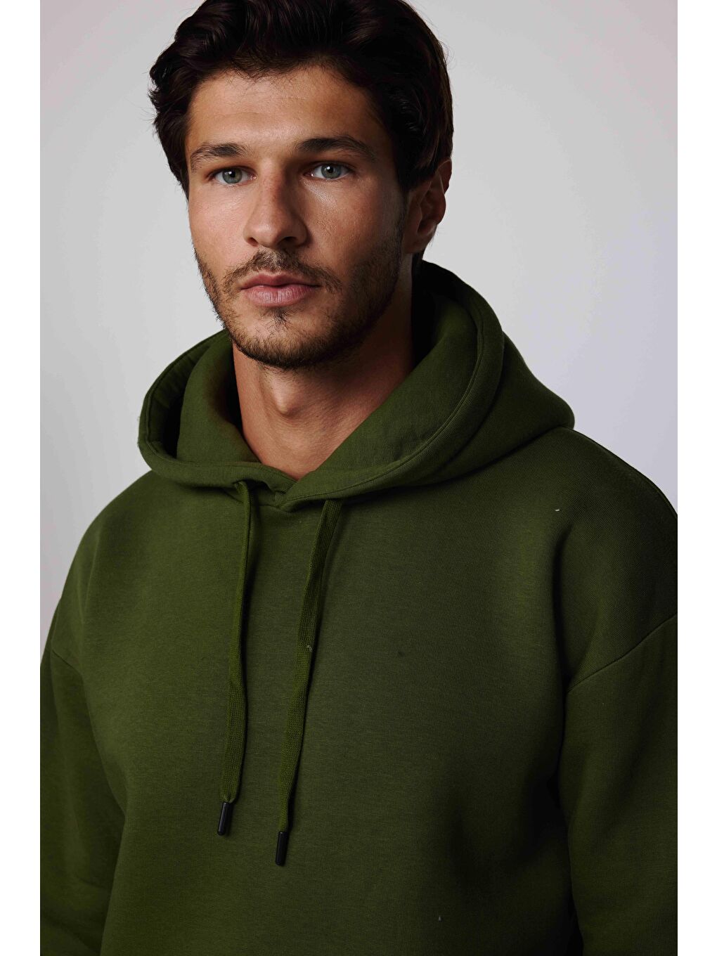 Unisex Oversize Geniş Kesim Pamuklu Yumuşak Dokulu İçi Polarlı Basic Yeşil Kapüşonlu Sweatshirt-1