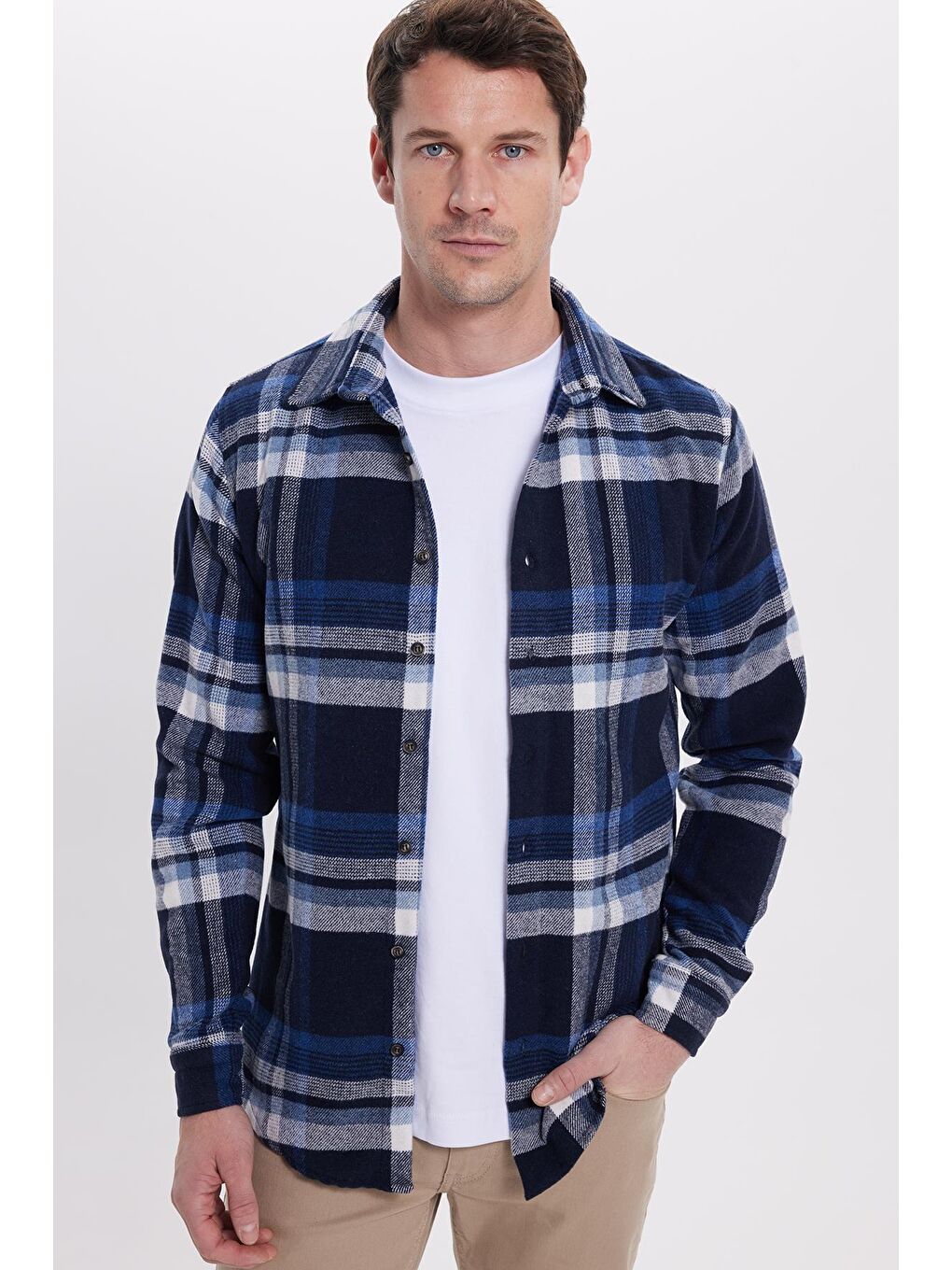 Lacivert Erkek Slim Fit Dar Kesim Kareli Kışlık Oduncu Gömlek