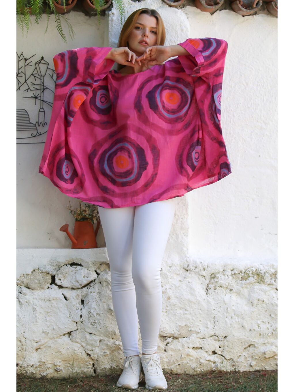 İtalyan Fuşya Havuz Yaka Yarasa Kol Geometrik Desenli Keten Oversize Dokuma Tunik 80 120-7