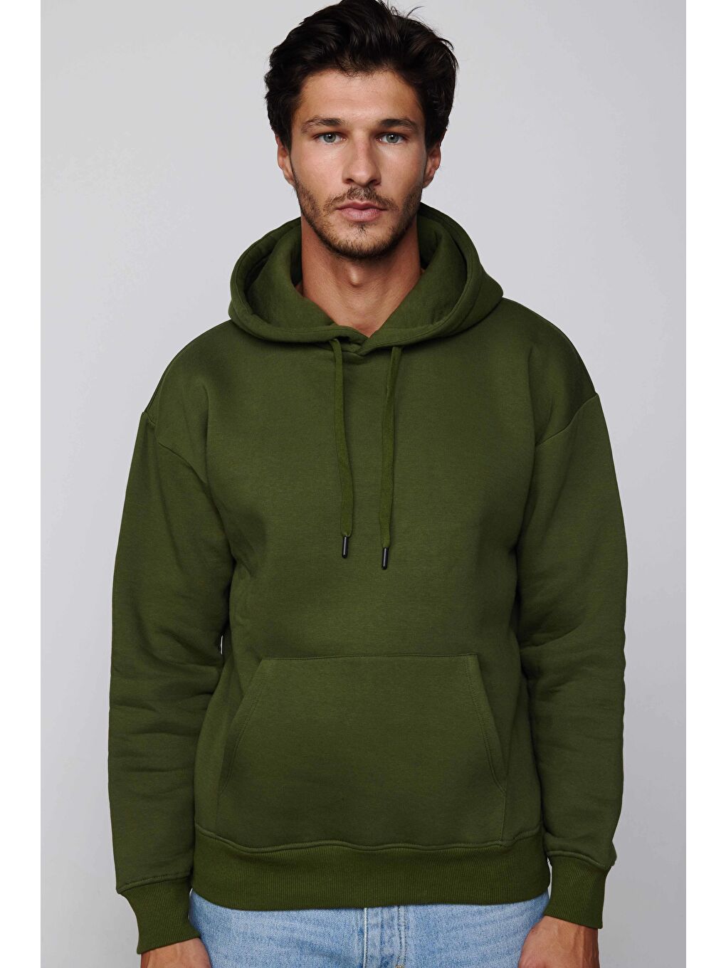 Unisex Oversize Geniş Kesim Pamuklu Yumuşak Dokulu İçi Polarlı Basic Yeşil Kapüşonlu Sweatshirt-2