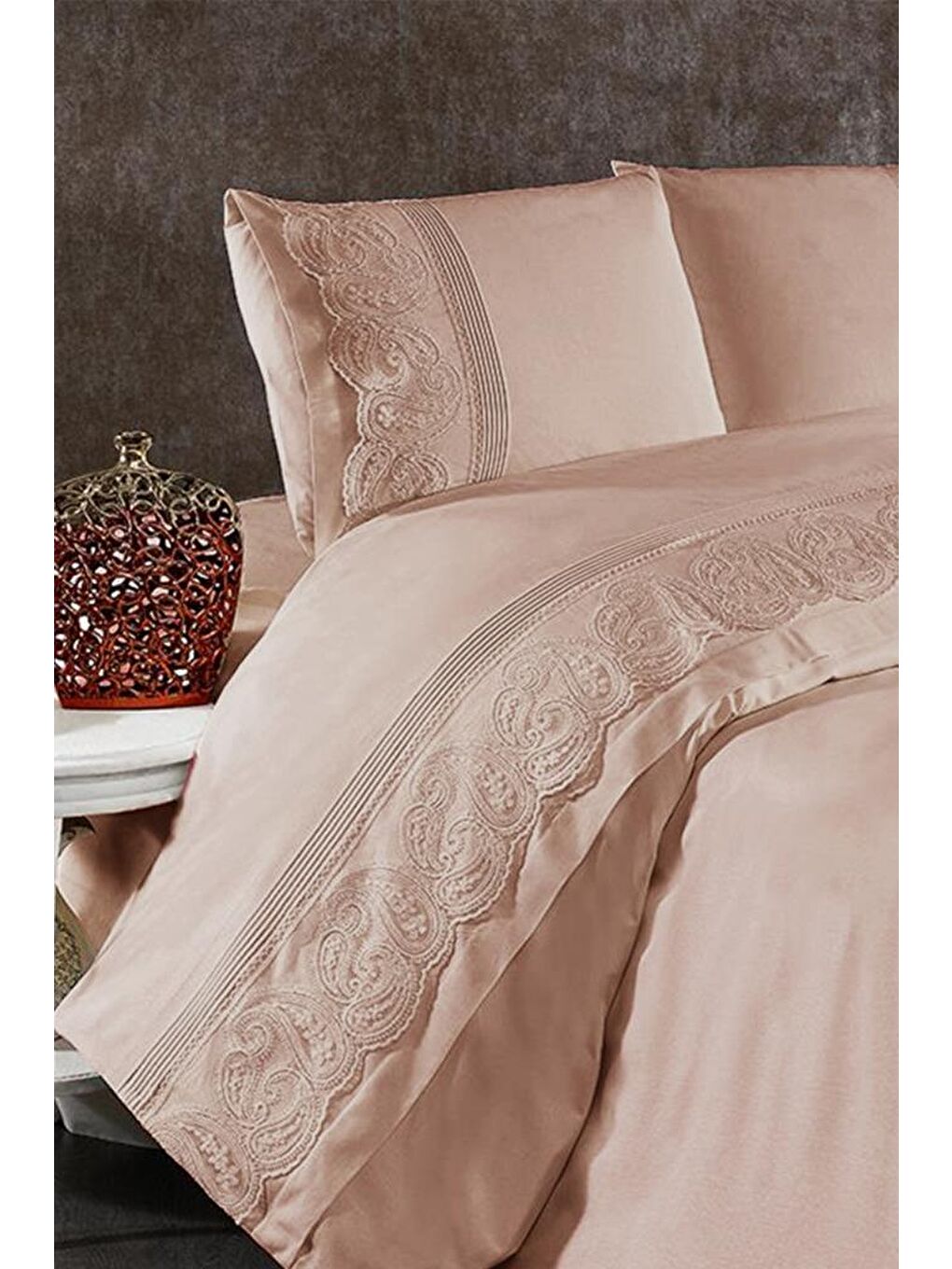 Şal Fransız Dantelli Nervürlü Nevresim Takımı Bej