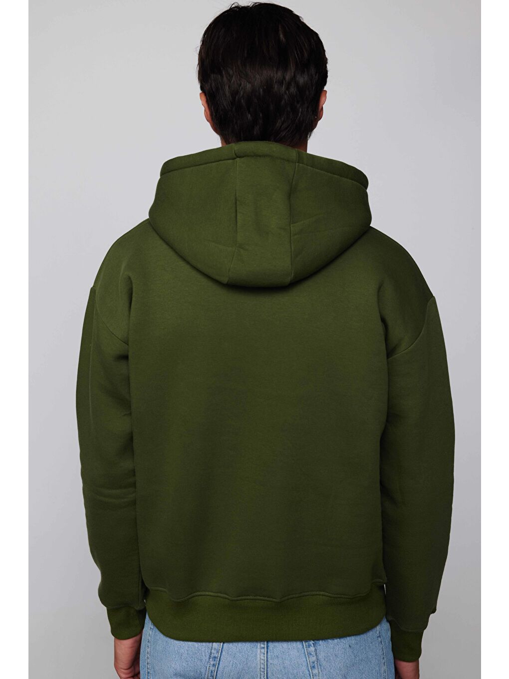 Unisex Oversize Geniş Kesim Pamuklu Yumuşak Dokulu İçi Polarlı Basic Yeşil Kapüşonlu Sweatshirt-4