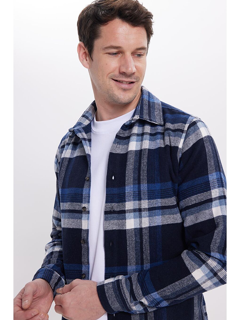 Lacivert Erkek Slim Fit Dar Kesim Kareli Kışlık Oduncu Gömlek-1