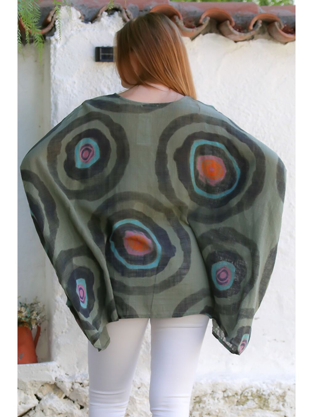 İtalyan Haki Havuz Yaka Yarasa Kol Geometrik Desenli Keten Oversize Dokuma Tunik 80 120-1