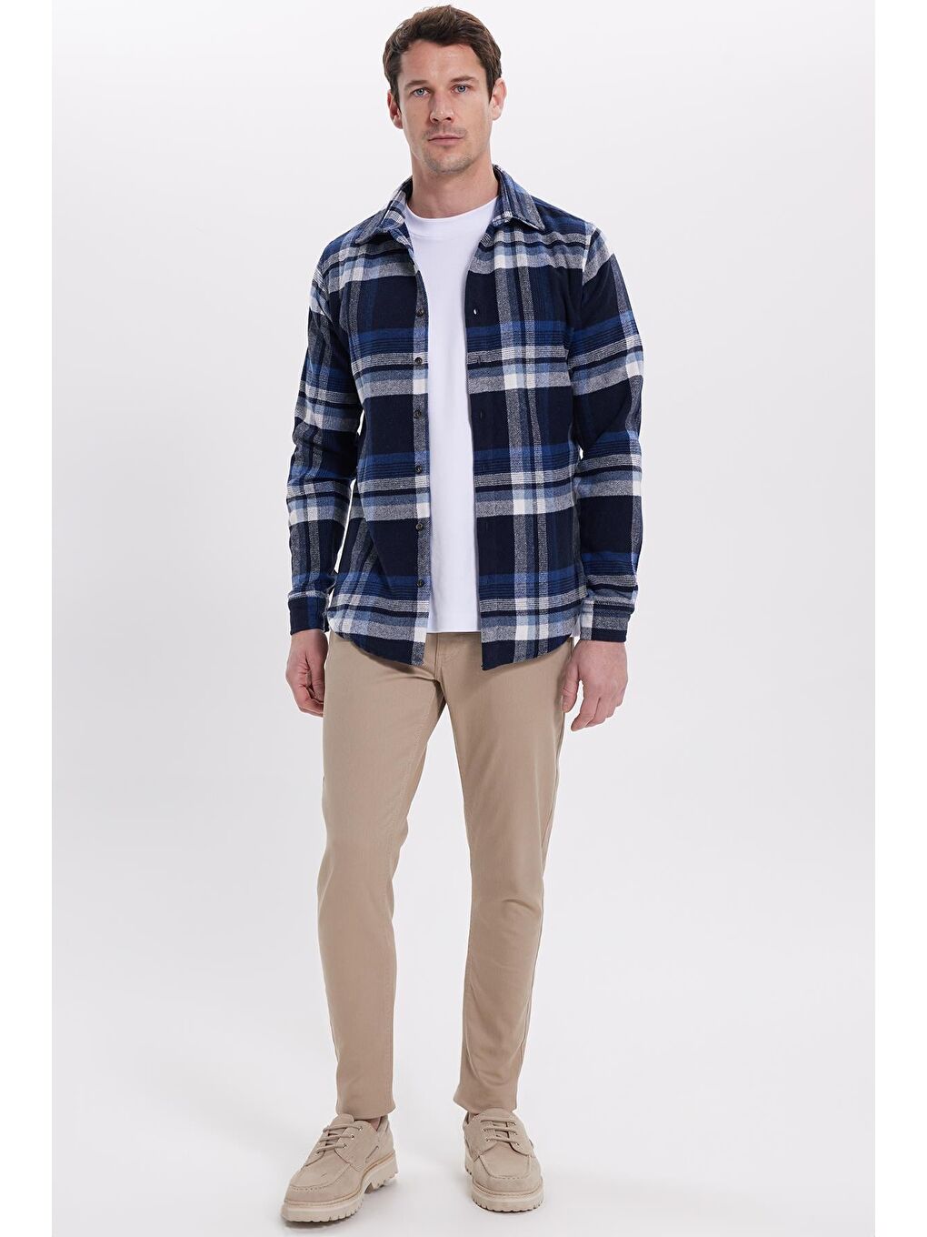 Lacivert Erkek Slim Fit Dar Kesim Kareli Kışlık Oduncu Gömlek-2