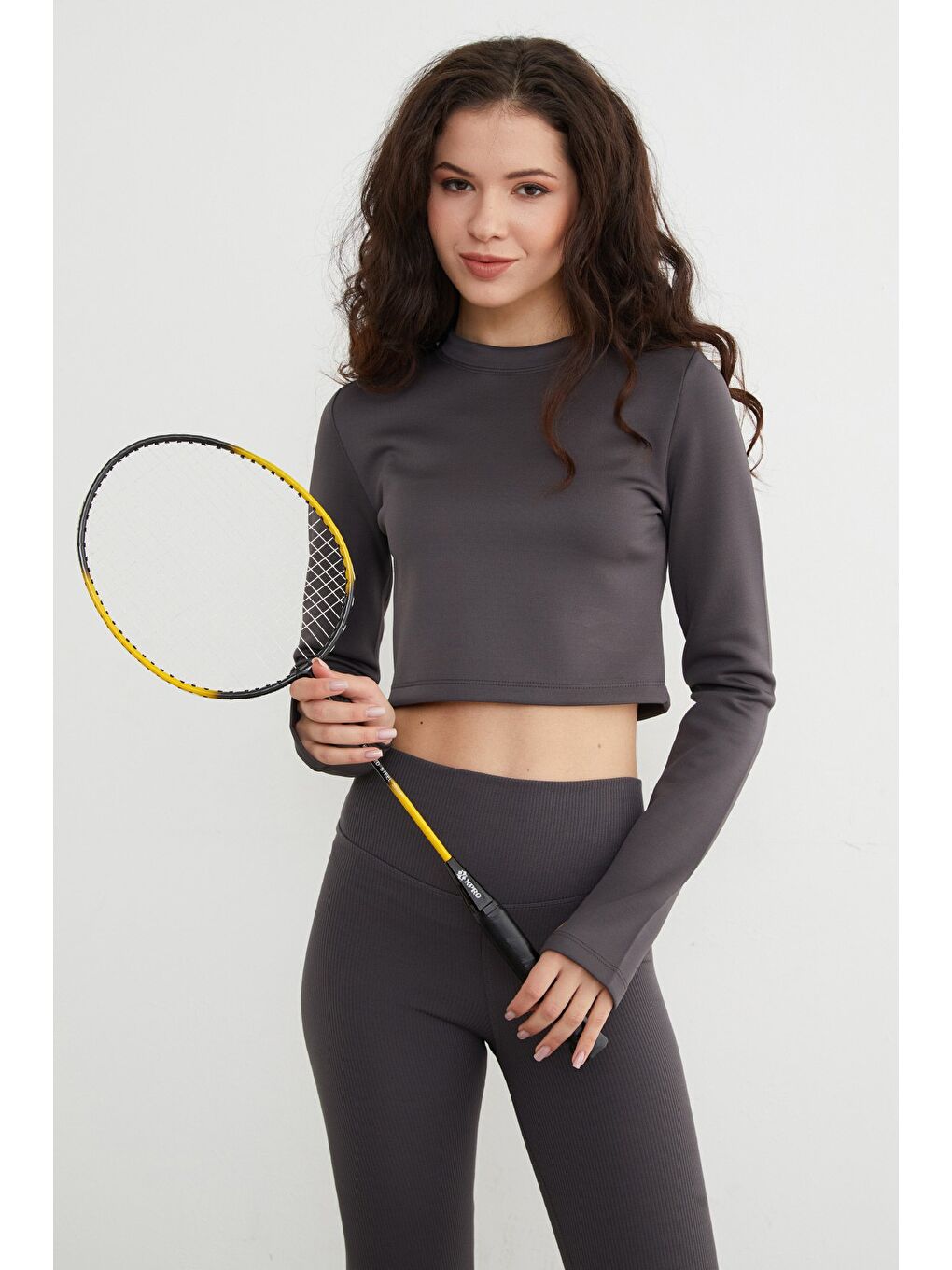 Antrasit Basic Bisiklet Yaka Parmak Geçmeli Crop Bluz-1