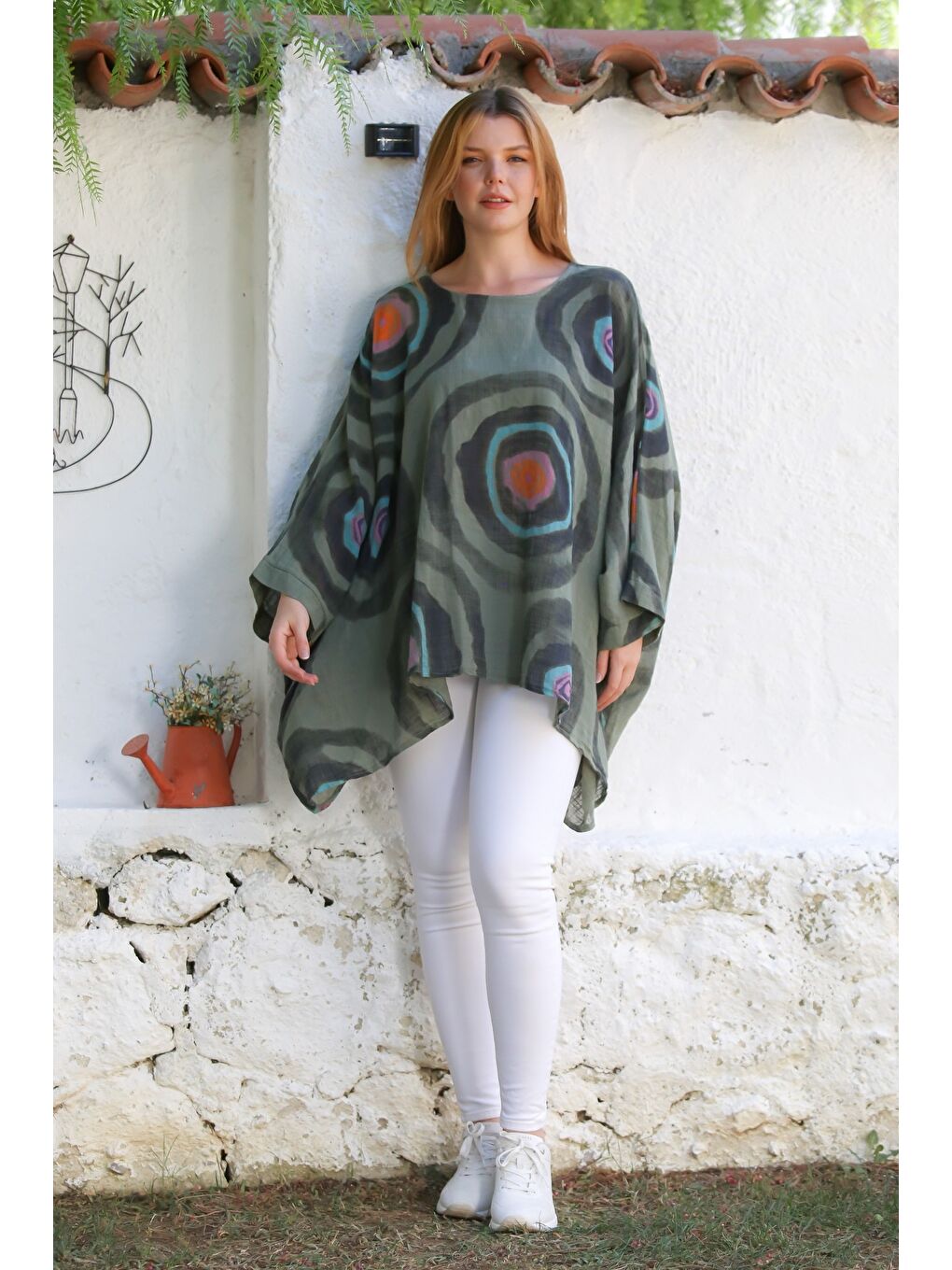 İtalyan Haki Havuz Yaka Yarasa Kol Geometrik Desenli Keten Oversize Dokuma Tunik 80 120-3