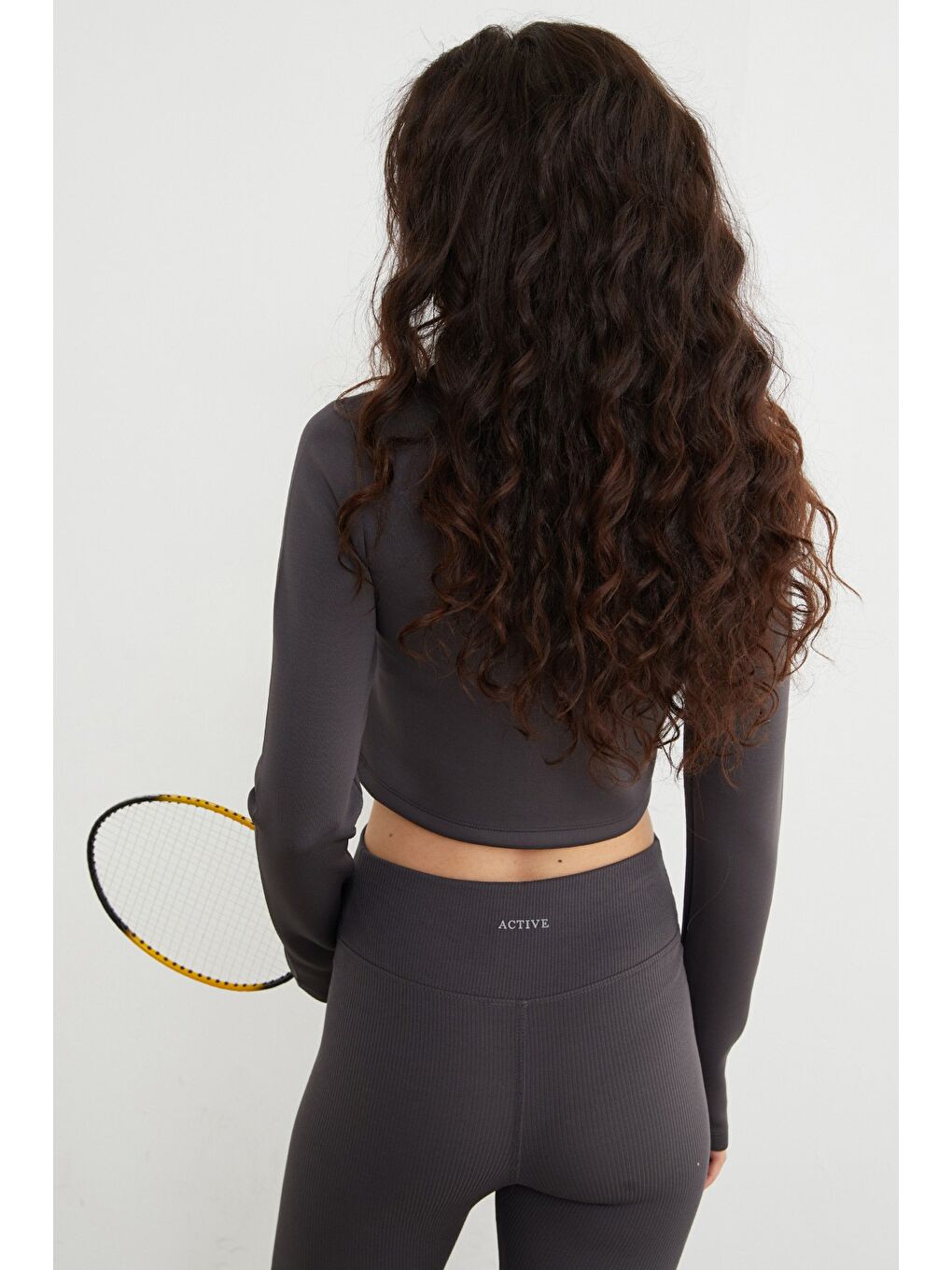 Antrasit Basic Bisiklet Yaka Parmak Geçmeli Crop Bluz-3