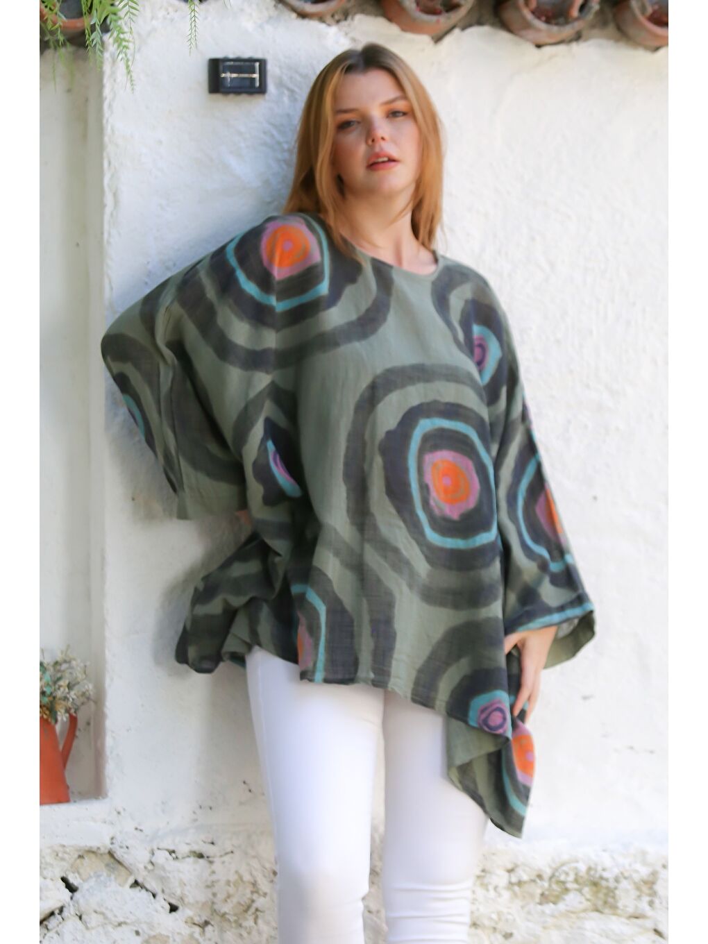 İtalyan Haki Havuz Yaka Yarasa Kol Geometrik Desenli Keten Oversize Dokuma Tunik 80 120-4