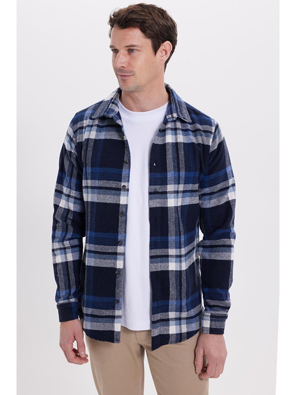 Lacivert Erkek Slim Fit Dar Kesim Kareli Kışlık Oduncu Gömlek-5