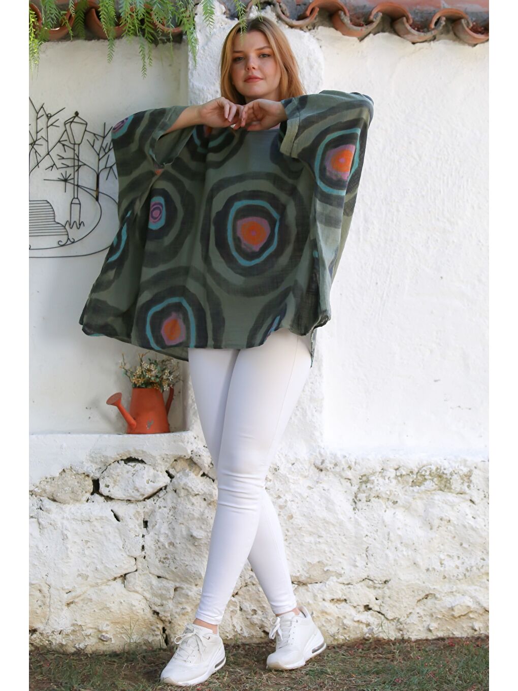 İtalyan Haki Havuz Yaka Yarasa Kol Geometrik Desenli Keten Oversize Dokuma Tunik 80 120-5