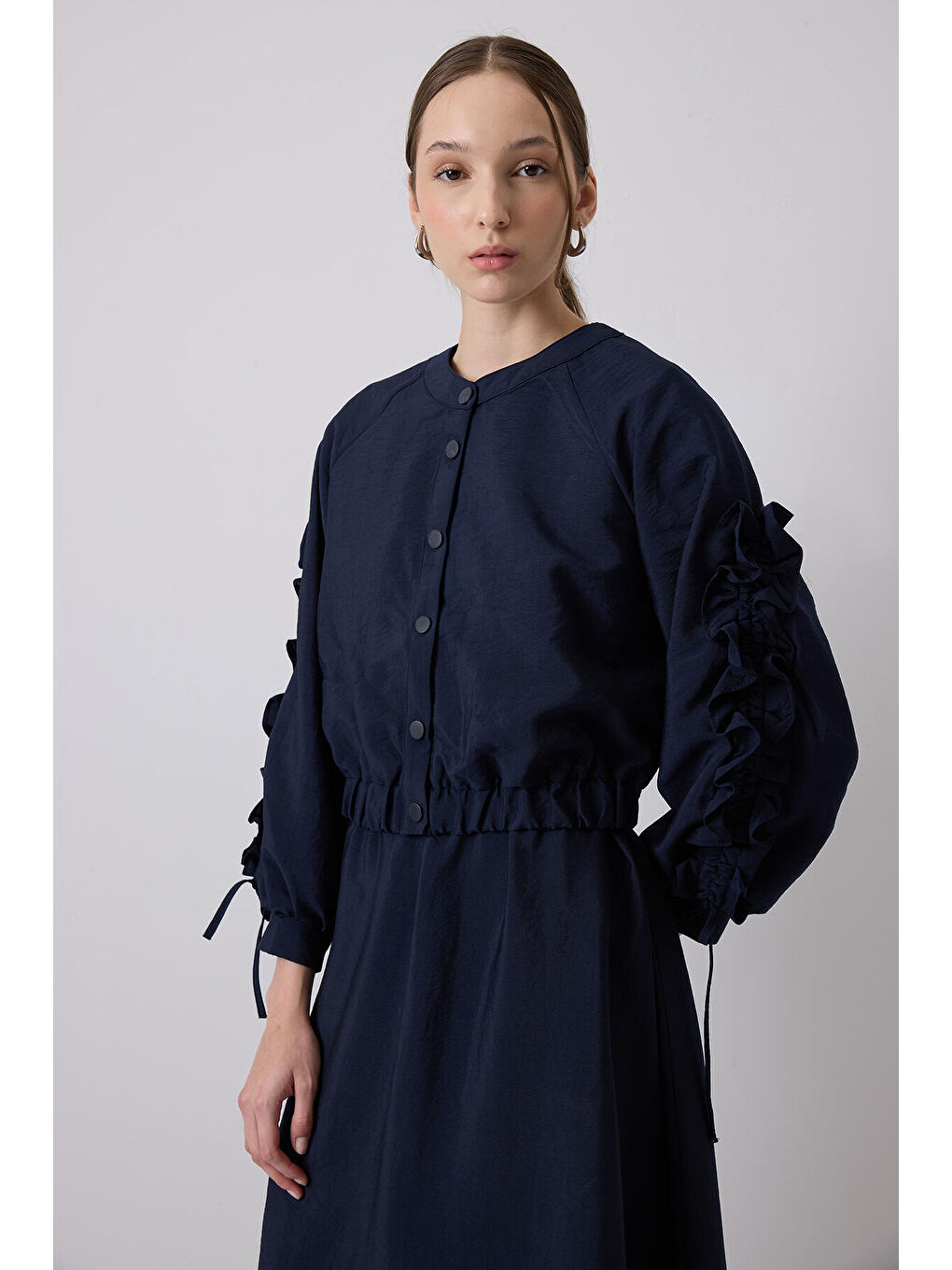 Lacivert Kolları Büzgülü Ceket Elbise Takım-1