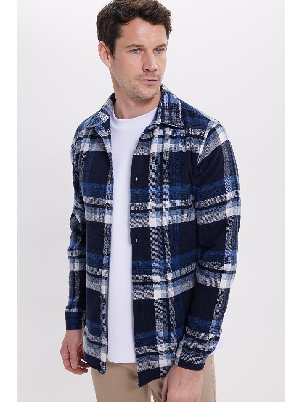 Lacivert Erkek Slim Fit Dar Kesim Kareli Kışlık Oduncu Gömlek-7