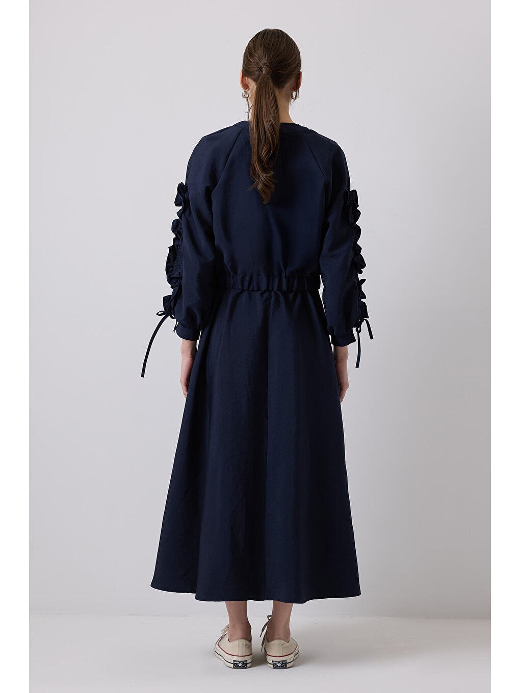 Lacivert Kolları Büzgülü Ceket Elbise Takım-3