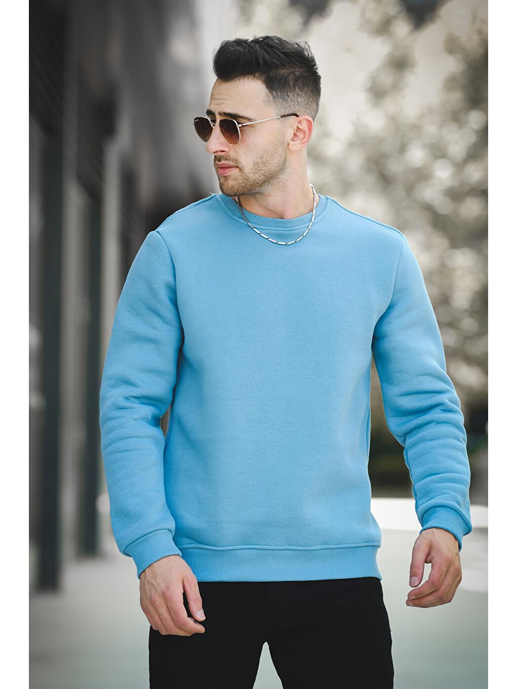 Turkuaz Üç İplik Şardonlu Pamuklu Bisiklet Yaka Sweatshirt