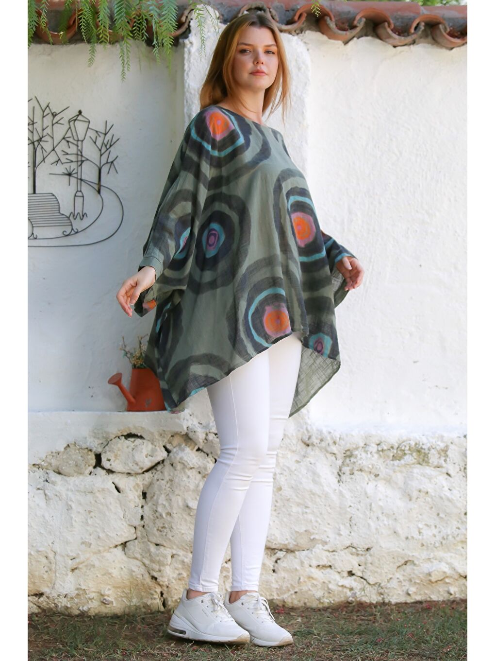 İtalyan Haki Havuz Yaka Yarasa Kol Geometrik Desenli Keten Oversize Dokuma Tunik 80 120-6
