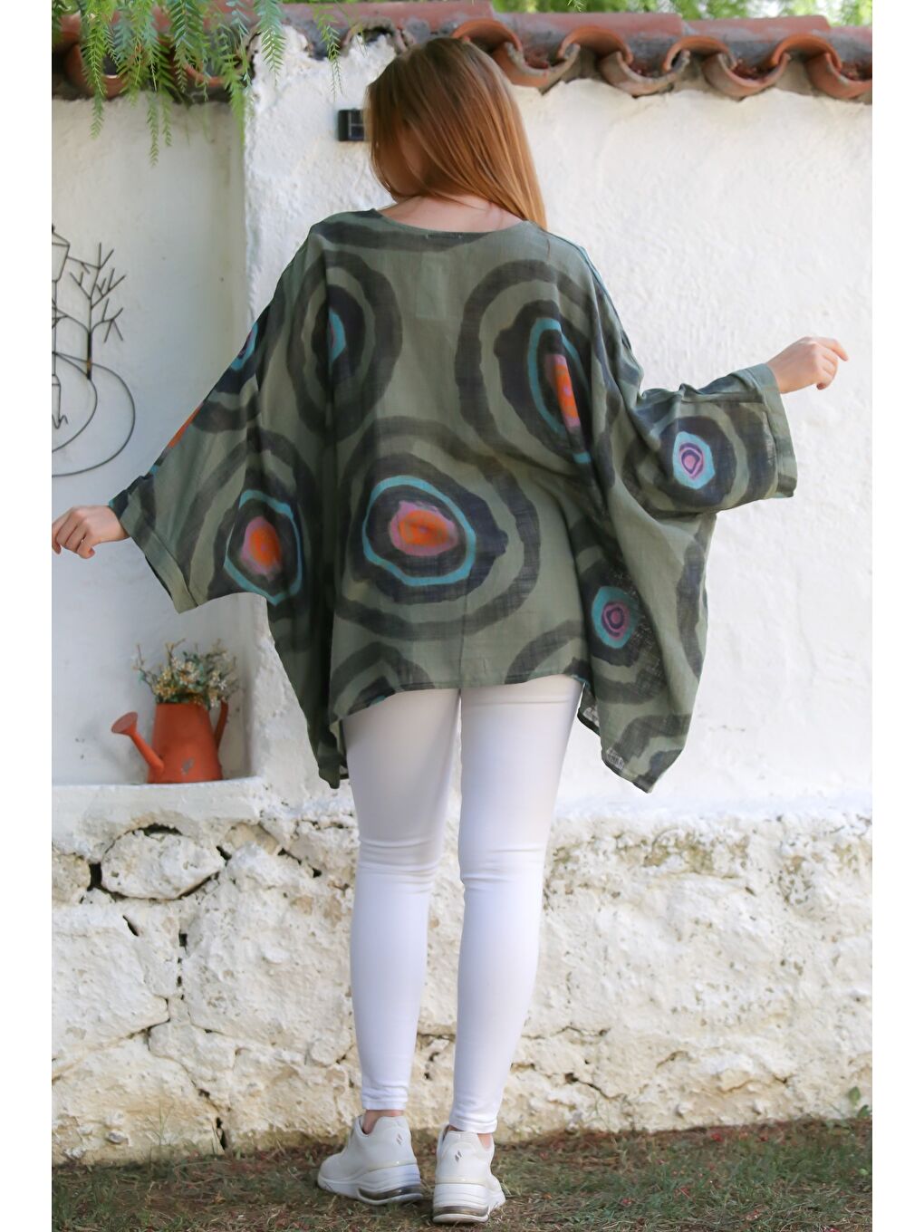 İtalyan Haki Havuz Yaka Yarasa Kol Geometrik Desenli Keten Oversize Dokuma Tunik 80 120-7
