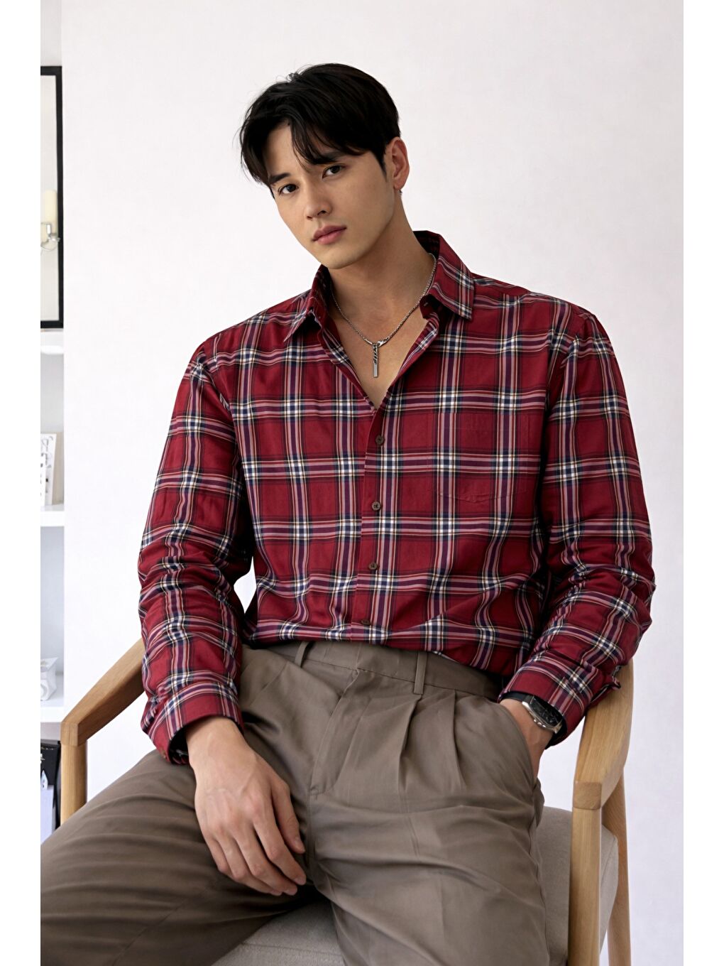 Kırmızı Erkek Ekose Gömlek Slim Fit Uzun Kollu Pamuklu Günlük-1