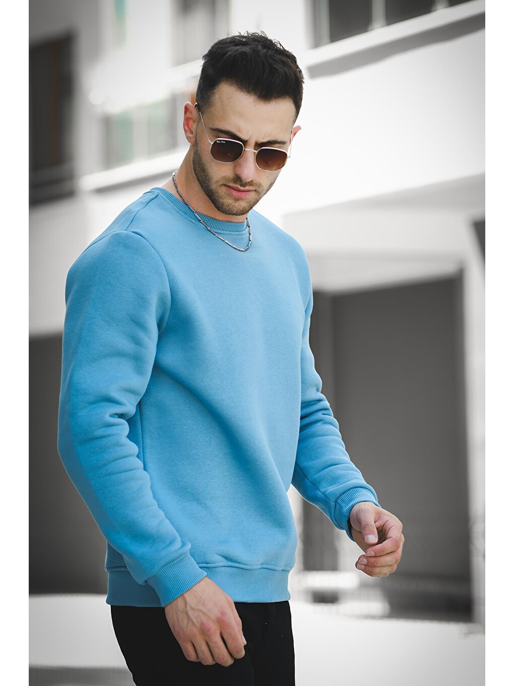 Turkuaz Üç İplik Şardonlu Pamuklu Bisiklet Yaka Sweatshirt-1