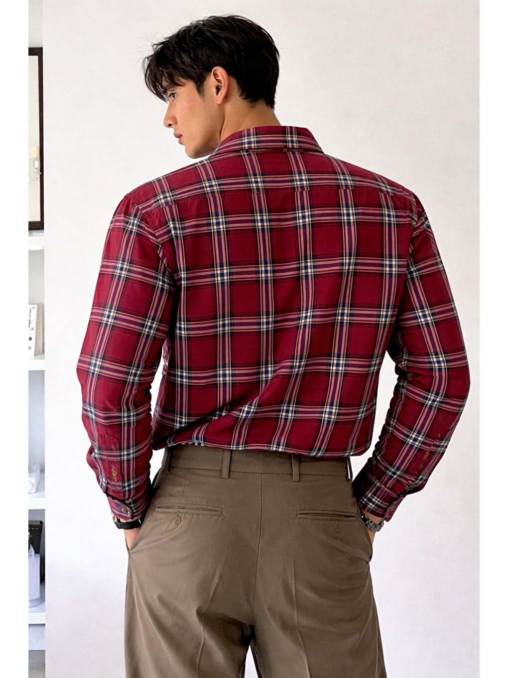 Kırmızı Erkek Ekose Gömlek Slim Fit Uzun Kollu Pamuklu Günlük-2