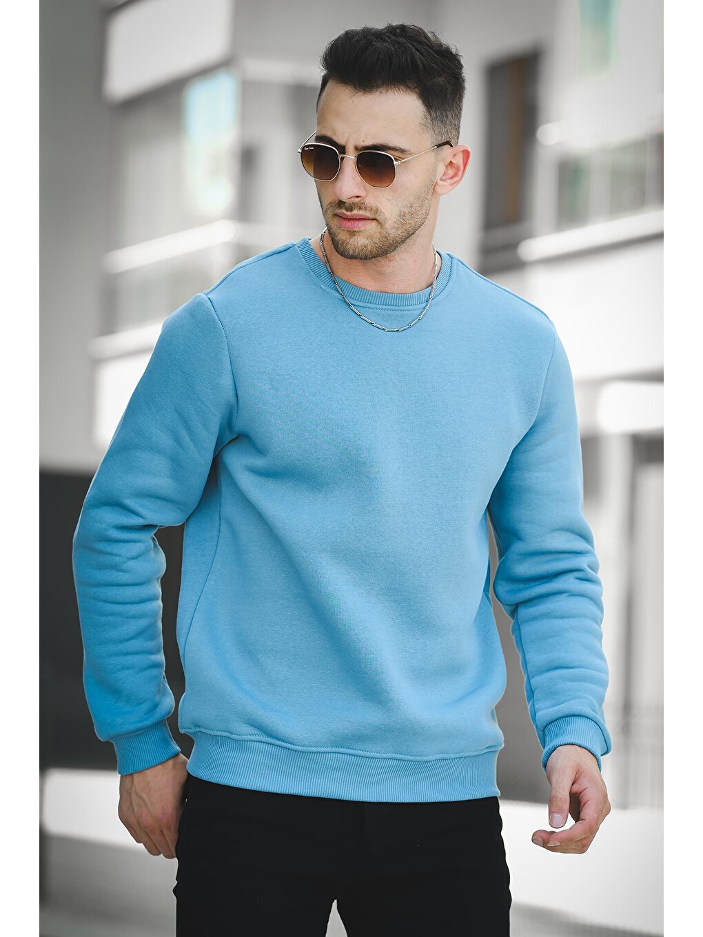 Turkuaz Üç İplik Şardonlu Pamuklu Bisiklet Yaka Sweatshirt-2