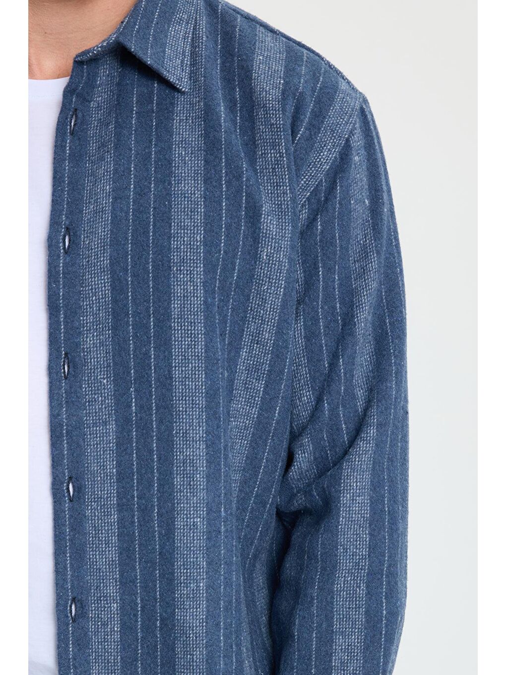 Lacivert Erkek Relax Fit Rahat Kesim Spor Yaka Çizgili Oduncu Gömlek-2