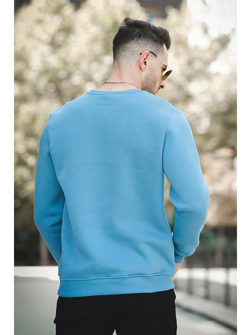 Turkuaz Üç İplik Şardonlu Pamuklu Bisiklet Yaka Sweatshirt-3