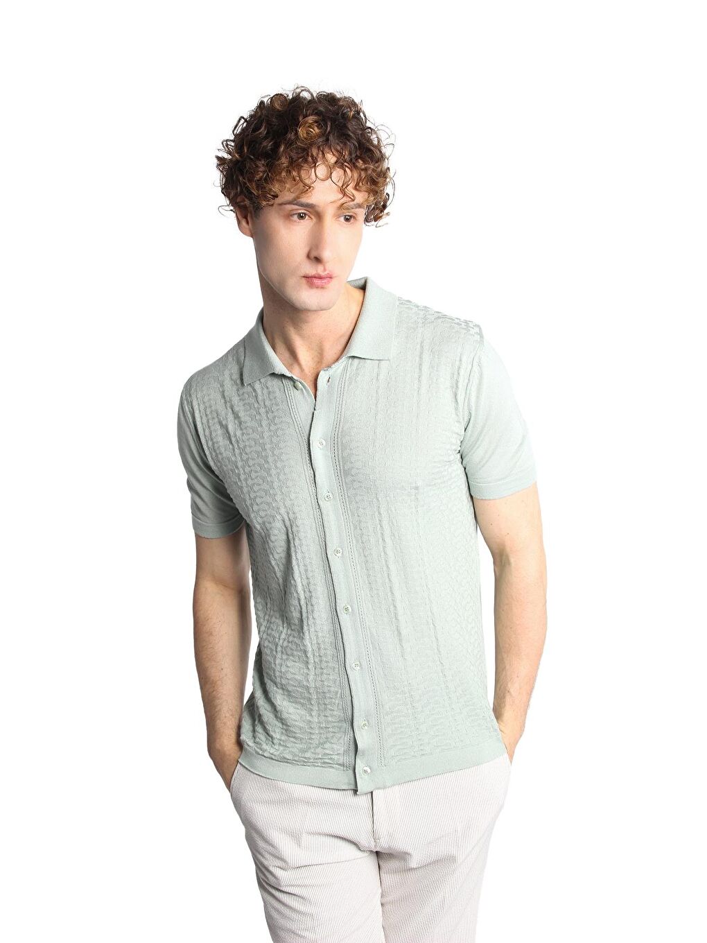 Açık Yeşil Slim Fit Dar Kalıp Düğmeli Polo Yaka Desenli Kısa Kollu Triko Tişört-1