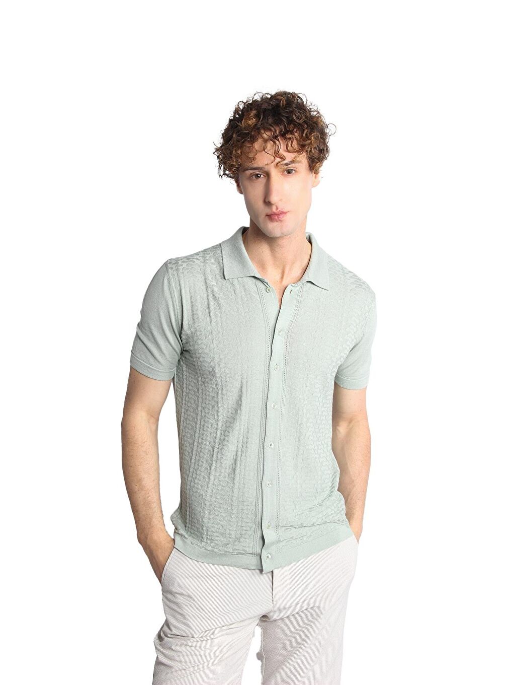 Açık Yeşil Slim Fit Dar Kalıp Düğmeli Polo Yaka Desenli Kısa Kollu Triko Tişört-2