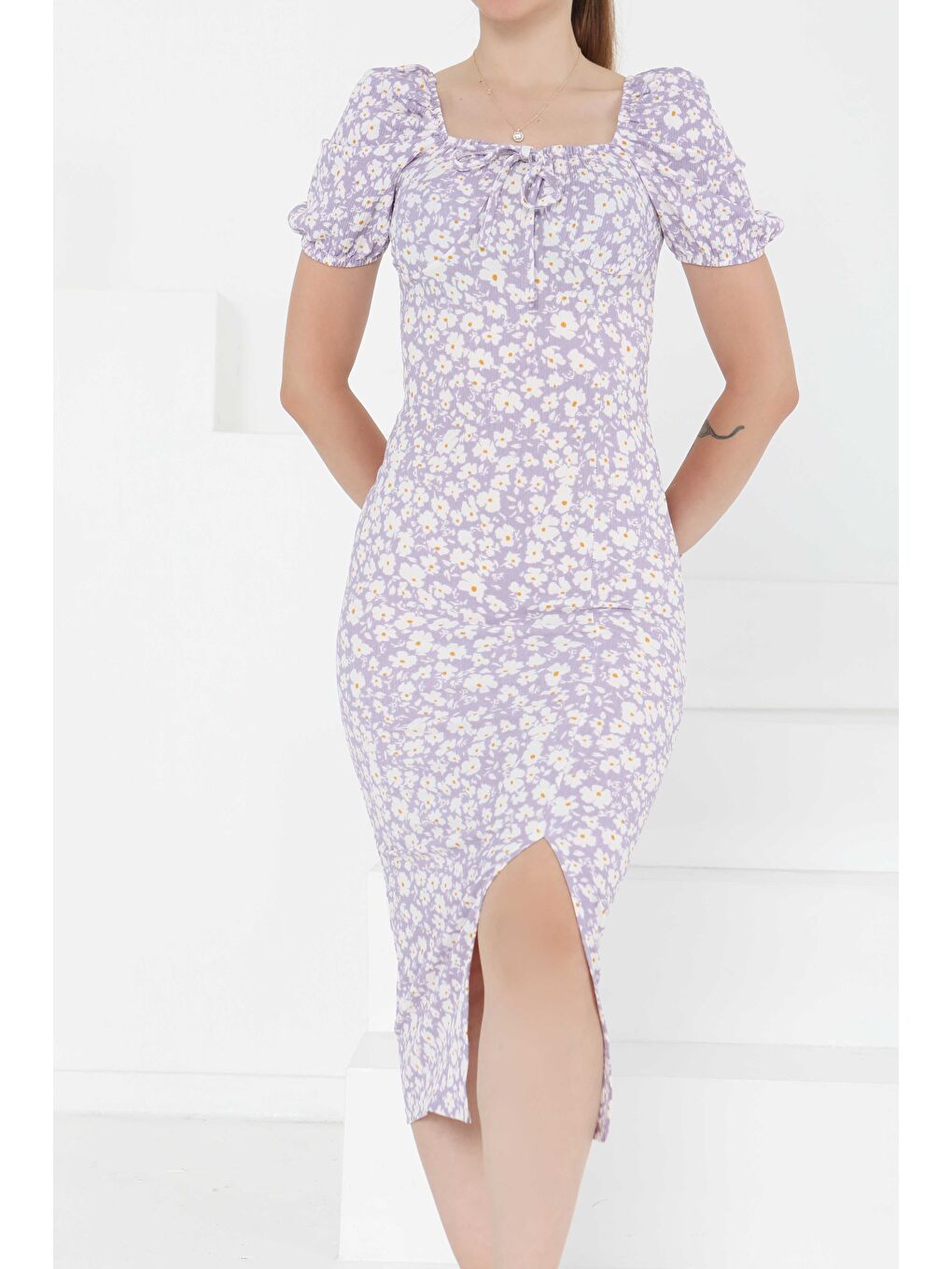 Prenses Kol Yırtmaçlı Elbise Lila - 27292-2