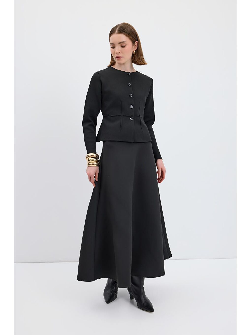 Scuba Kumaş Kloş Etek Siyah-3