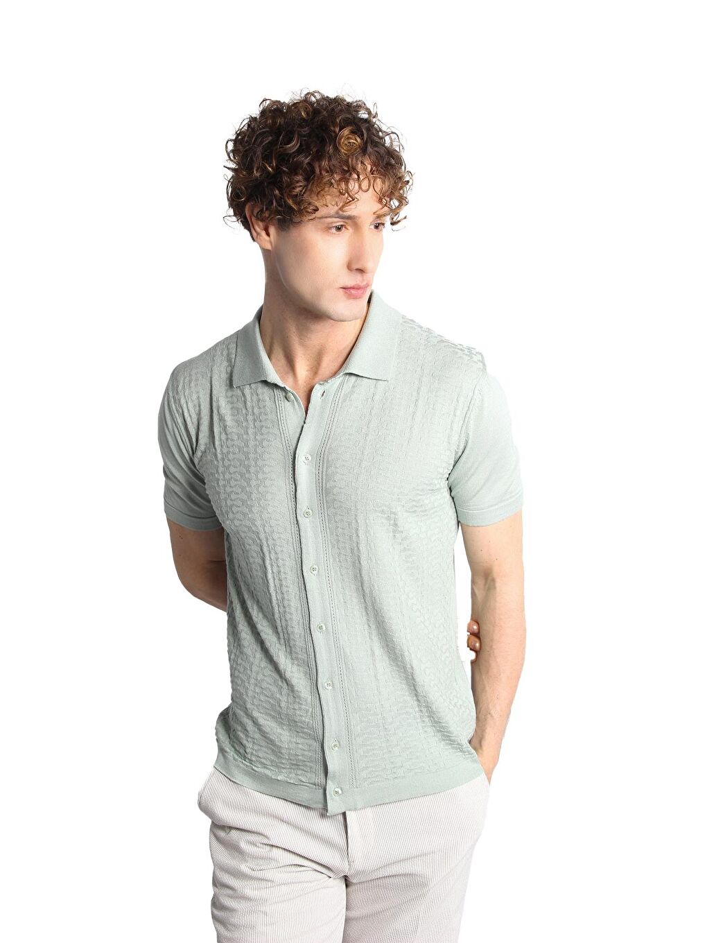 Açık Yeşil Slim Fit Dar Kalıp Düğmeli Polo Yaka Desenli Kısa Kollu Triko Tişört-3