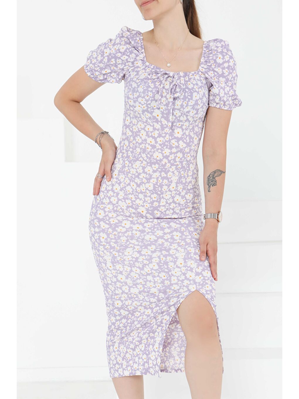 Prenses Kol Yırtmaçlı Elbise Lila - 27292-3