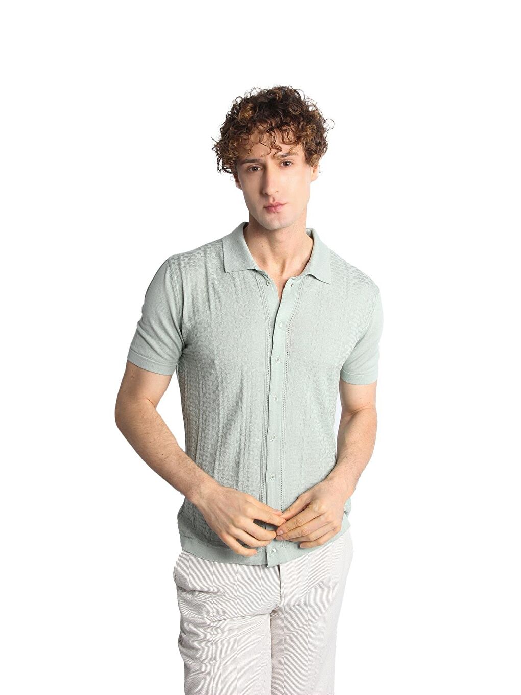 Açık Yeşil Slim Fit Dar Kalıp Düğmeli Polo Yaka Desenli Kısa Kollu Triko Tişört-4