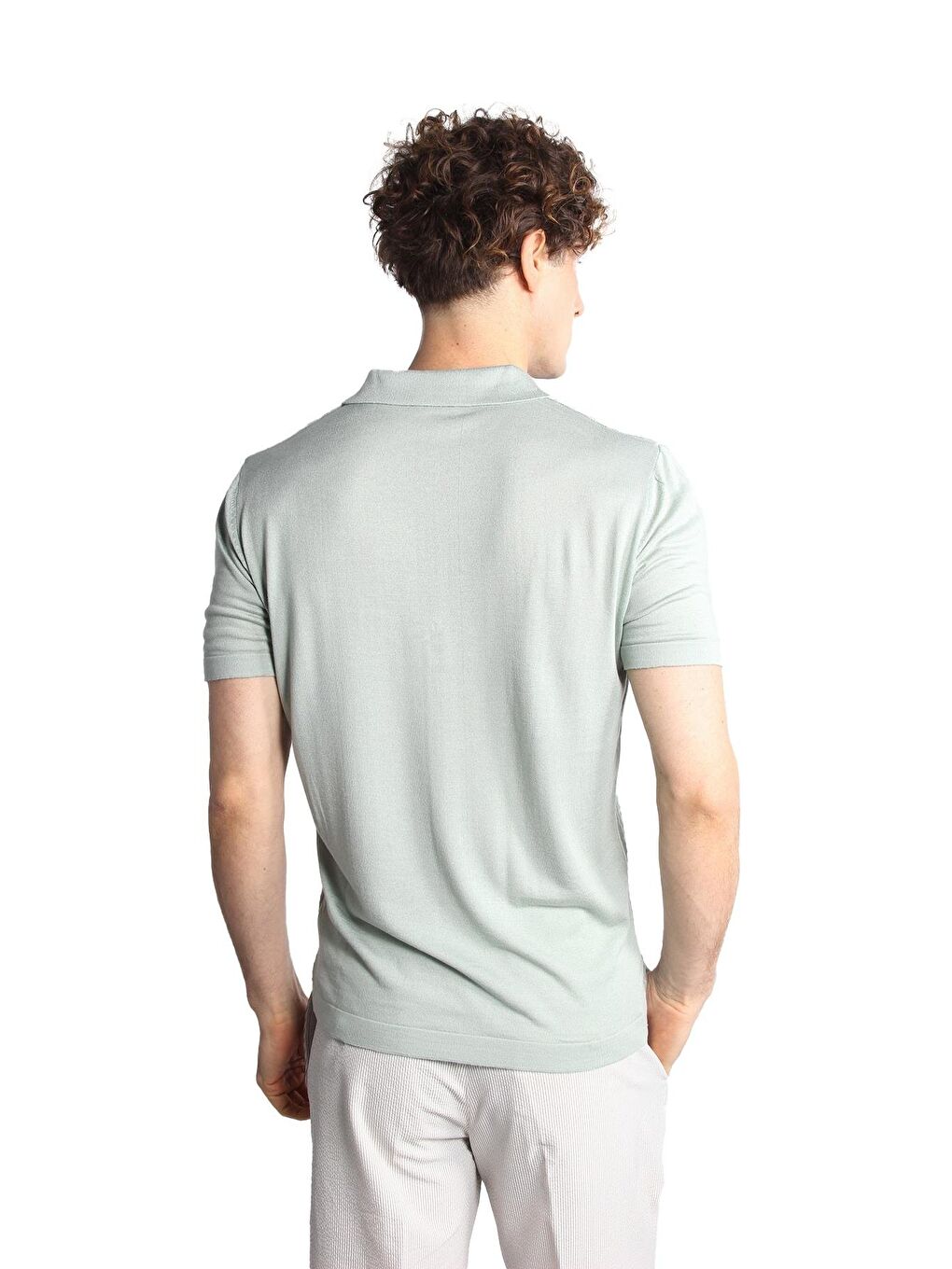 Açık Yeşil Slim Fit Dar Kalıp Düğmeli Polo Yaka Desenli Kısa Kollu Triko Tişört-5