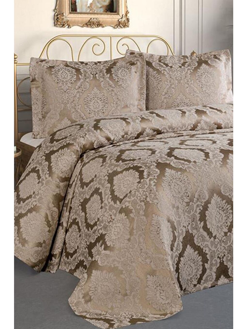 Karışık Şulem Jakarlı Şönil Yatak Örtüsü Cappucino-1