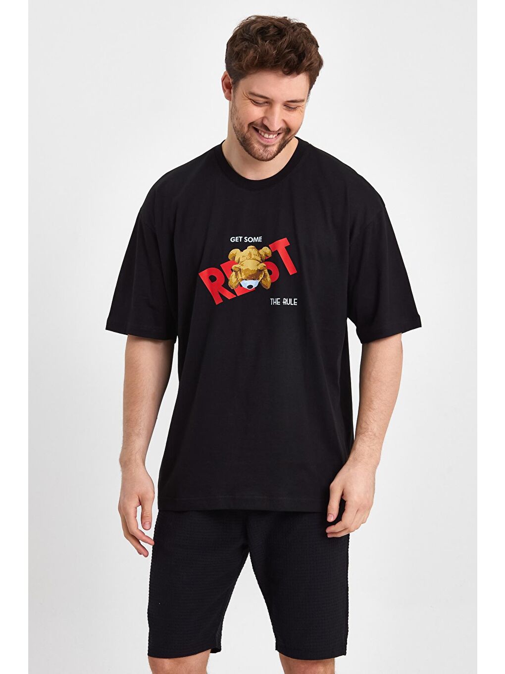 Siyah Oversize Fit Bisiklet Yaka %100 Pamuk Ayıcık Baskılı Erkek Tişört RF0407